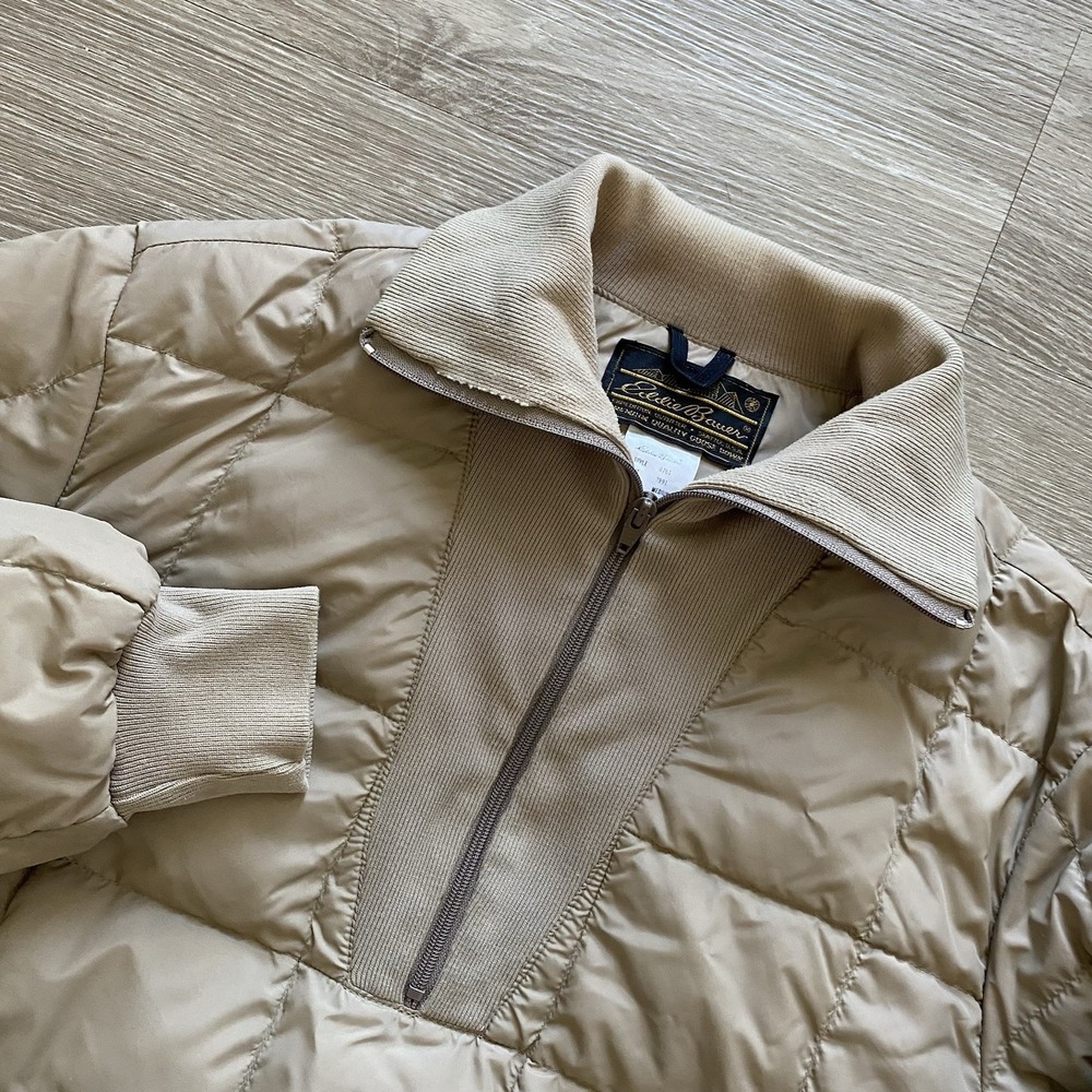 Vintage Eddie Bauer Pullover Down Bomber Jacket Men's M Tan Quilted Goose Down